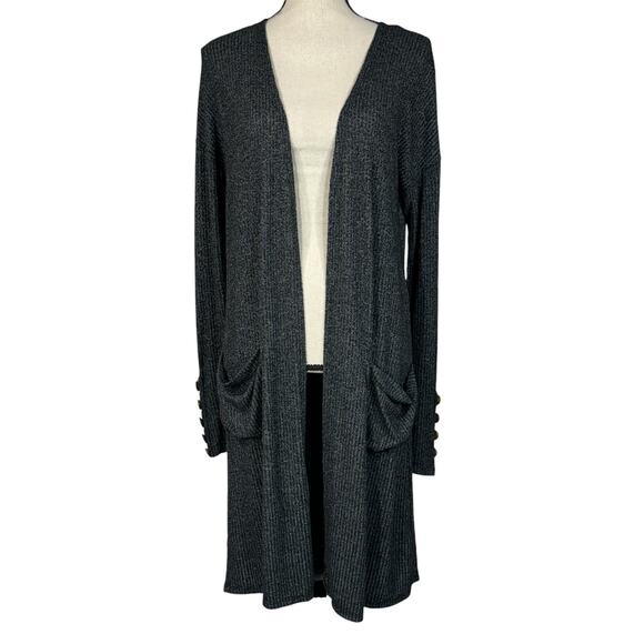 BKE X-Small Long Cardigan Sweater Jacket Pockets Open Front Stretch Black Marled - Picture 1 of 9
